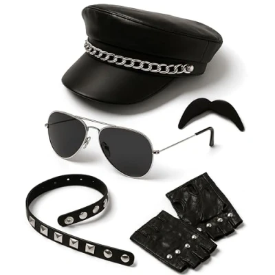 Image of Blue Planet Online Leather Look Biker Hat, Sunglasses, Gloves, Choker &amp; Moustache YMCA Gay Pride Fancy Dress