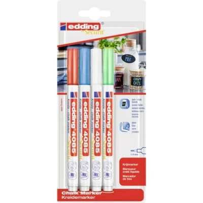 Image of edding 4085 chalk marker red, white, blue, green (basic) 4 pens round nib 1 2 mm, wet wipe pen for chalkboards, windows, glass, mirrors liquid opaque coverage