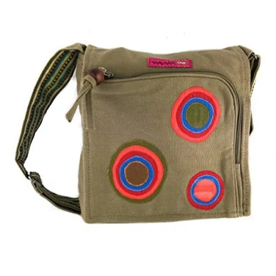 Image of Fabric bag with embroidery. Cotton shoulder For Women Indian style colorful Rabat Boho, Hippie (khaki)