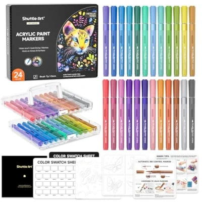 Image of Shuttle Art Automatic Ink Control Metallic Acrylic Paint Pens, 24 Colours Brush Tip Marker Pen for Rock Painting Ceramic, Wood, Glass, Stone, Set DIY Supplies