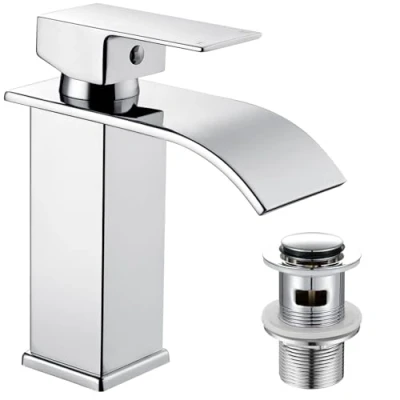Image of Peppermint Basin Taps Mixers Waterfall with Slotted Pop up Waste Bathroom Sink Mixer Tap Square Monobloc 1 Hole G1/2&#039;&#039; Hoses Modern Cloakroom Mono
