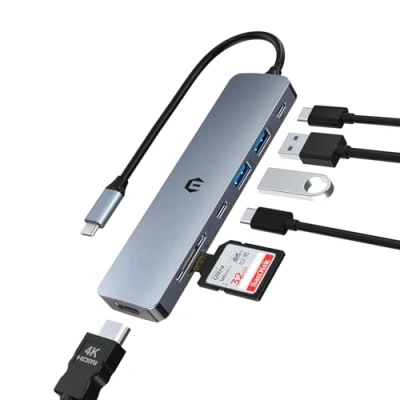 Image of USB C Hub 4K HDMI, 7 in 1 Adapter with 3.0, 2 100W PD, SD/TF Card Reader Dock Compatible Thunderbolt 3, MacBook Pro/Air, Windows and Type Devices