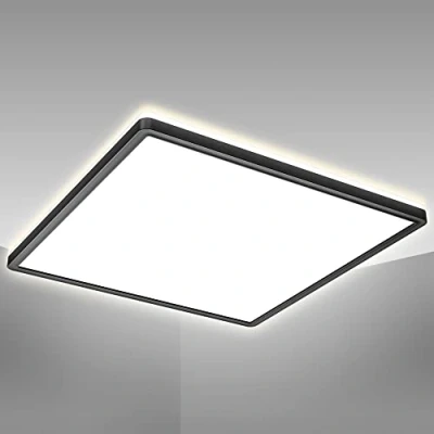 Image of B.K.Licht LED Square Ceiling Light, 16.5in, Ultra Flat 1.1in, Built in 22W Board, 4000K Neutral White, 3000Lm, Indirect Backlight, Black Finish, Modern Panel, IP20