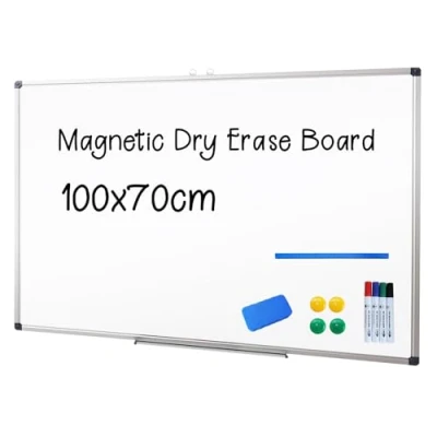 Image of XIWODE Magnetic Dry Erase Board, Wall Mounted Whiteboard, 100 x 70cm, Lightweight White Board Silver Aluminium Framed with Lacquered Steel Surface