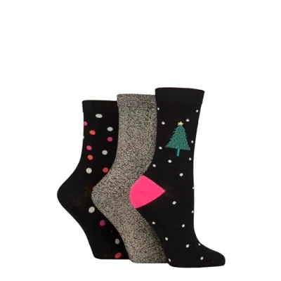 Image of Women&#039;s 3 Pair Caroline Gardner Christmas Patterned Cotton Socks Black Tree/ Glitter / Spot 4 8