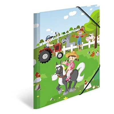 Image of HERMA 19824 A4 Kindergarten Farm Collector&#039;s Folders, Pack of 3, Children&#039;s Cardboard Corner Folder with Inner Print and Elastic Band, Sturdy Folders Set for Boys Girls