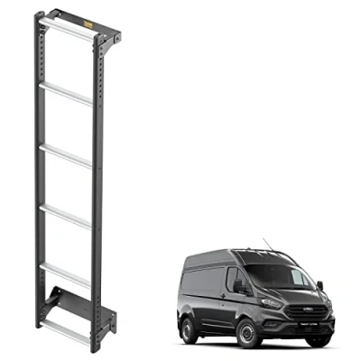 Image of Van Guard ULTI Ladder for Ford Transit Custom (2013 2024) [H2] 6 Step Heavy Duty Hard Wearing Rear Door Black Powder Coated Anodised Aluminium Tailored Fit