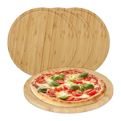 Image of Relaxdays Set of 4 Pizza Boards, Natural Bamboo, Ø 32 cm, Serving Plate, Round Platter, Cheese &amp; Charcuterie,