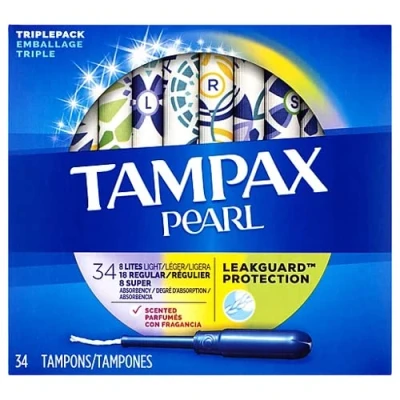 Image of Tampax Pearl Tampons, Light/Regular/Super Absorbency with LeakGuard Braid, Triple Pack, Scented, 34 Count