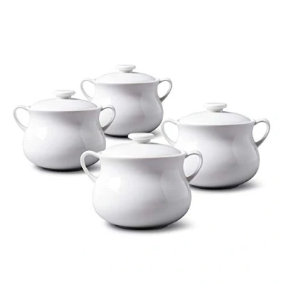 Image of WM Bartleet &amp; Sons 1750 TSET119 Traditional Porcelain Set of 4 Lidded Individual French Onion Soup and Stew Bowl with Handles 500ml White