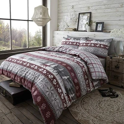 Image of Happy Linen Company 100% Brushed Cotton Nordic Scandi Hygge Winter Warm Burgundy Double Check Reversible Duvet Cover Bedding Set