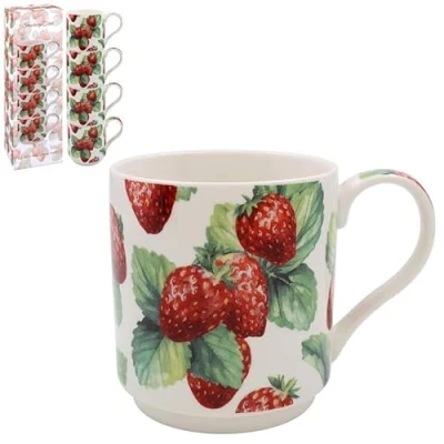 Image of Lesser &amp; Pavey Strawberry Stacking Mugs Set of 4 Ceramic Coffee for Home or Work Premium Design All Occasions Lovely Tea, Hot Drinks