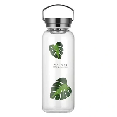 Image of Gulujoy Glass Water Bottle 1 Litre Wide Mouth with Sleeve, Leak Proof Drinking for Hot Cold Drinks Fridge Home Travel