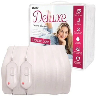 Image of MYLEK Electric Blanket Double Bed Fitted Heated Mattress Cover Underblanket Dual Control, Elasticated Skirt, Size 190 x 137 40cm, Overheat Protection, Machine Washable, All Night Use