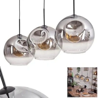 Image of Ripoll Pendant lamp, Metal/Glass lamp in Black/Smoke/Amber Colour, luminaire Modern Retro/Vintage Design with Glass Shades (Ø 30 cm), max. Height 154 cm, 3 x E27, Without Bulbs