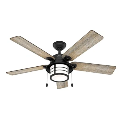 Image of HUNTER Fan Ceiling Santorini 137 cm Indoor and Outdoor, with light Pull chain, Natural Iron, 5 Reversible Blades Barnwood Black Willow Ideal for Summer or Winter, Model 50648