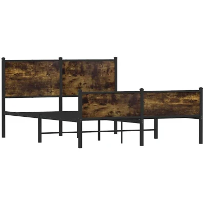 Image of vidaXL Metal Bed Frame with Headboard/Footboard Smoked Oak Finish, Steel &amp; Engineered Wood 140x200 cm