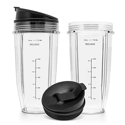 Image of Blender Replacement Cup 24 oz (2 Pack) with Sip &amp; Seal Lids for Nutri Ninja Pro Extractor Blade 7 Fins Fit Auto iQ BL642 (1200w) BL480D (1000w) BL480