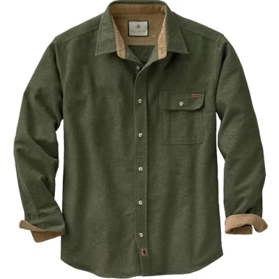 Image of Legendary Whitetails Men&#039;s Buck Camp Flannel, Long Sleeve Plaid Button Down Casual Shirt, Corduroy Cuffs, Army, S
