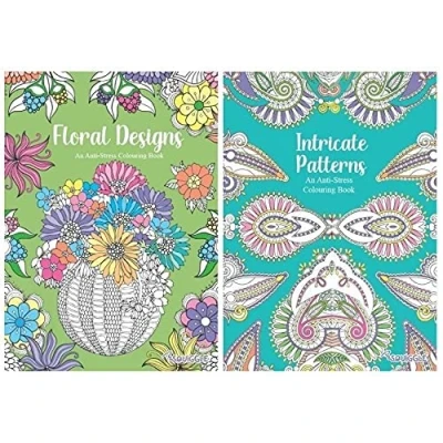 Image of Squiggle Anti Stress Adult Colouring Books, Floral Designs &amp; Intricate Patterns Set of 2, White