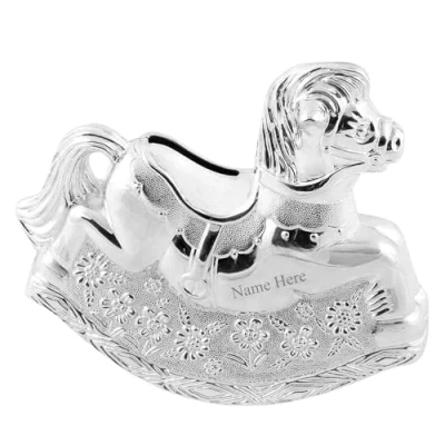 Image of [Custom] Personalised Engraved Silver plated Rocking Horse Bank Money Box Christening / Birthday Baby Gift