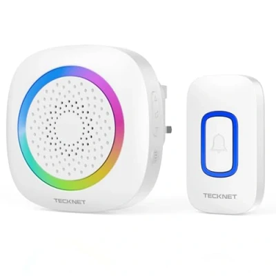 Image of TECKNET Wireless Doorbell, Plug in Doorbell with RGB Light, IP66 Waterproof Portable Cordless Battery Powered Door Chime Kit, 400M Range, 60 Chimes &amp; 5 Level Volume (White)