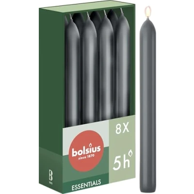 Image of Bolsius Tapered Dinner Candles Anthracite 8 Pack 17 cm Long Burning Time of 5 Hours Unscented Includes Natural Vegan Wax Without Palm Oil