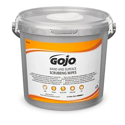 Image of GOJO HEAVY DUTY HAND and SURFACE SCRUBBING WIPES, 70 Count Bucket. Remove soils from oil grease to petrol diesel. Good skin compatibility