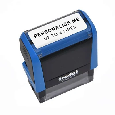 Image of Trodat Blue Printy 4912 Personalised Custom Office, Business and Teacher Stamp Allows Up to 4 Lines of Text Impression Size 45 x 17 mm Self Inking with 5 Ink Pad Colours Choose from