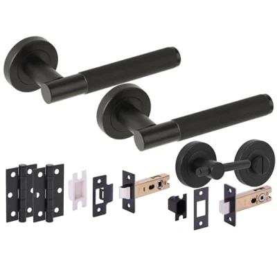 Image of HANDLEZONE® Evo Grip Door Handles on Rose Bathroom Deadbolt Pack with Knurled Turn Set, 76mm Lock and Latch, 75mm Ball Bearing Hinges Black Matt