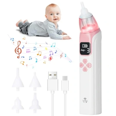 Image of URAQT Nasal Aspirator Baby, Electric Baby Nose Sucker with 4 Silicone Tips Nose, Rechargeable Automatic Cleaner for 3 Suction Levels, Toddlers Anti Backflow Music and Light, Pink