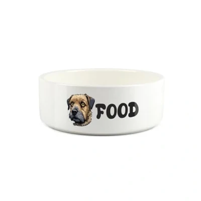 Image of Border Terrier Pet Bowl Cartoon Dog Portrait Small Ceramic Food Novelty White Dish For Dogs