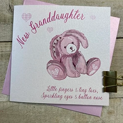 Image of WHITE COTTON CARDS NEW GRANDDAUGHTER BUNNY BABY CARD, HAND FINISHED (D78)