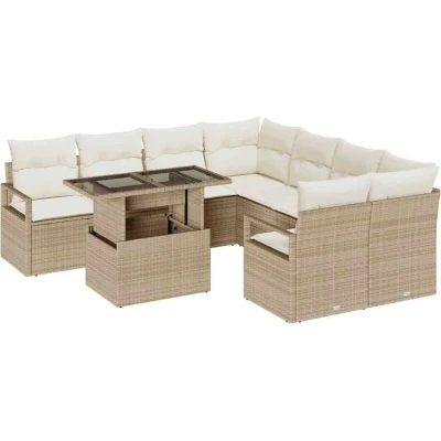 Image of vidaXL 9 Piece Garden Sofa Set with Cushions Beige Poly Rattan