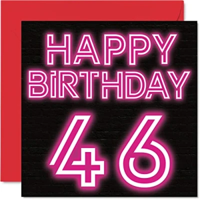 Image of Fun 46th Birthday Cards for Men Woman Neon Glow Happy Card Dad Mum Brother Sister Grandad Nanny Grandma Uncle Auntie, 145mm x Greeting Cards,
