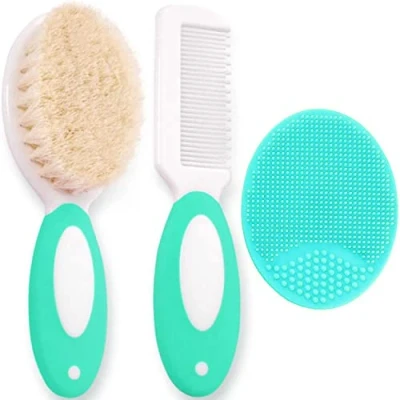 Image of Baby Hair Brush and Comb Set for Newborns &amp; Toddlers Natural Soft Goat Bristles with Silicone Cradle Cap Ideal Perfect Registry Gift (Green)