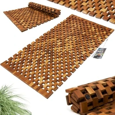 Image of DEUBA® Wooden Bath Mat Luxury FSC® Certified Acacia Wood Non Slip Bathroom Spa Shower Sauna Steamer Rectangular Duckboard Mosaic Design 80 x 50cm