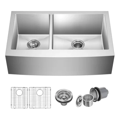 Image of Kraus KHF204 33 inch Farmhouse Apron 60/40 Double Bowl 16 Gauge Stainless Steel Kitchen Sink
