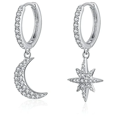 Image of Womens Moon Star Dangle Small Hoop Cubic Zirconia Earrings Girls Sterling Silver Crystal Asymmetrical Snowflake Crescent Drop Mini Cartilage Clip Jewelry Delicate Birthday Gifts (1# Silver)