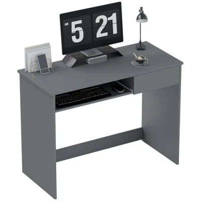 Image of HOMCOM 100cm Compact Computer Desk with Keyboard Tray, Home Office Drawer for Bedroom Study, Grey
