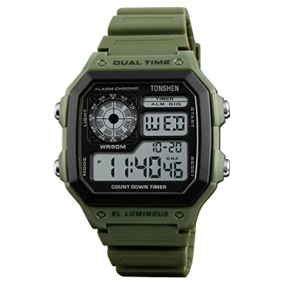 Image of TONSHEN Sport Digital Watch for Men Outdoor Military 50M Waterproof LED Electronic Double Time Multifunction Stopwatch Alarm Countdown Rectangular Plastic Watches with Rubber Band (Green)
