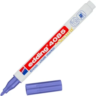 Image of edding 4085 chalk marker purple metallic 1 pen round nib 2 mm, fine wet wipe for chalkboards, windows,glass,mirrors liquid pens opaque coverage
