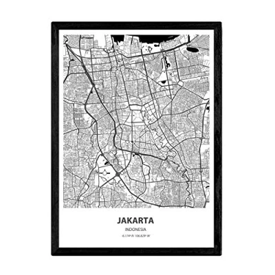 Image of Nacnic Poster with map of Jakarta Indonesia. Asian cities sheets seas and rivers in black color. A3 size
