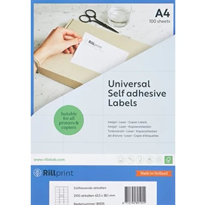Image of Rillprint Self Adhesive Labels Stickers 2100 63.5 x 38.1 mm 21 Printable Per A4 Sheet Multipurpose White Address, Price Sticky Label for Inkjet &amp; Laser Printer