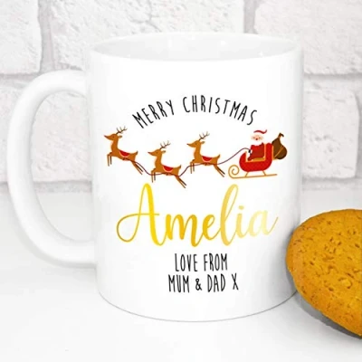 Image of Personalised Christmas Mug Custom Festive Design Add Your Own Name (Santa&#039;s Sleigh)