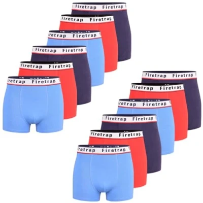 Image of Firetrap Mens 12 Pack Designer Boxer Shorts, Underwear Gift Set Trunks Comfortable Stretch Cotton Plain Colours Briefs Sky, Navy, Red S