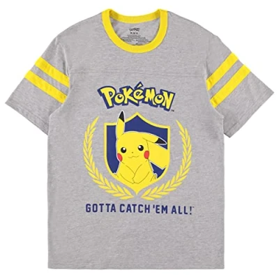 Image of Pokemon Ladies Pikachu Game Shirt Gotta Catch Em All Ash Charizard Pokeball Varsity Stripe Sleeve Athletic Tee, Heather, XL