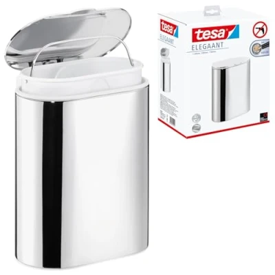 Image of tesa ELEGAANT Cosmetic Bin Self Adhesive, Stainless Steel Makeup with Soft Close Function Lid and Interior Can Waterproof, incl. Power.Kit Adhesive Solution 160mm x 270mm 220mm