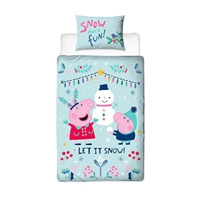 Image of Peppa Pig Officially Licensed Single Duvet Bedding Cover Set Blue Snowman Design, Reversible 2 Sided Perfect For Any Childrens Bedroom