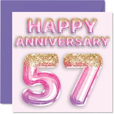 Image of Pretty 57th Anniversary Card for Wife Girlfriend Husband Boyfriend Pink Purple Glitter Balloons Happy 57 Cards from Family, 145mm x Greeting Fifty Seventh Anniversaries